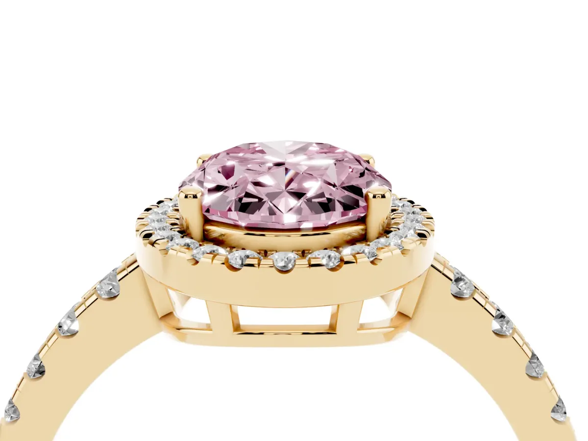 Fancy Pink Oval Cut Diamond Halo Ring with Pavé Band and Four-Prong Setting Yellow gold