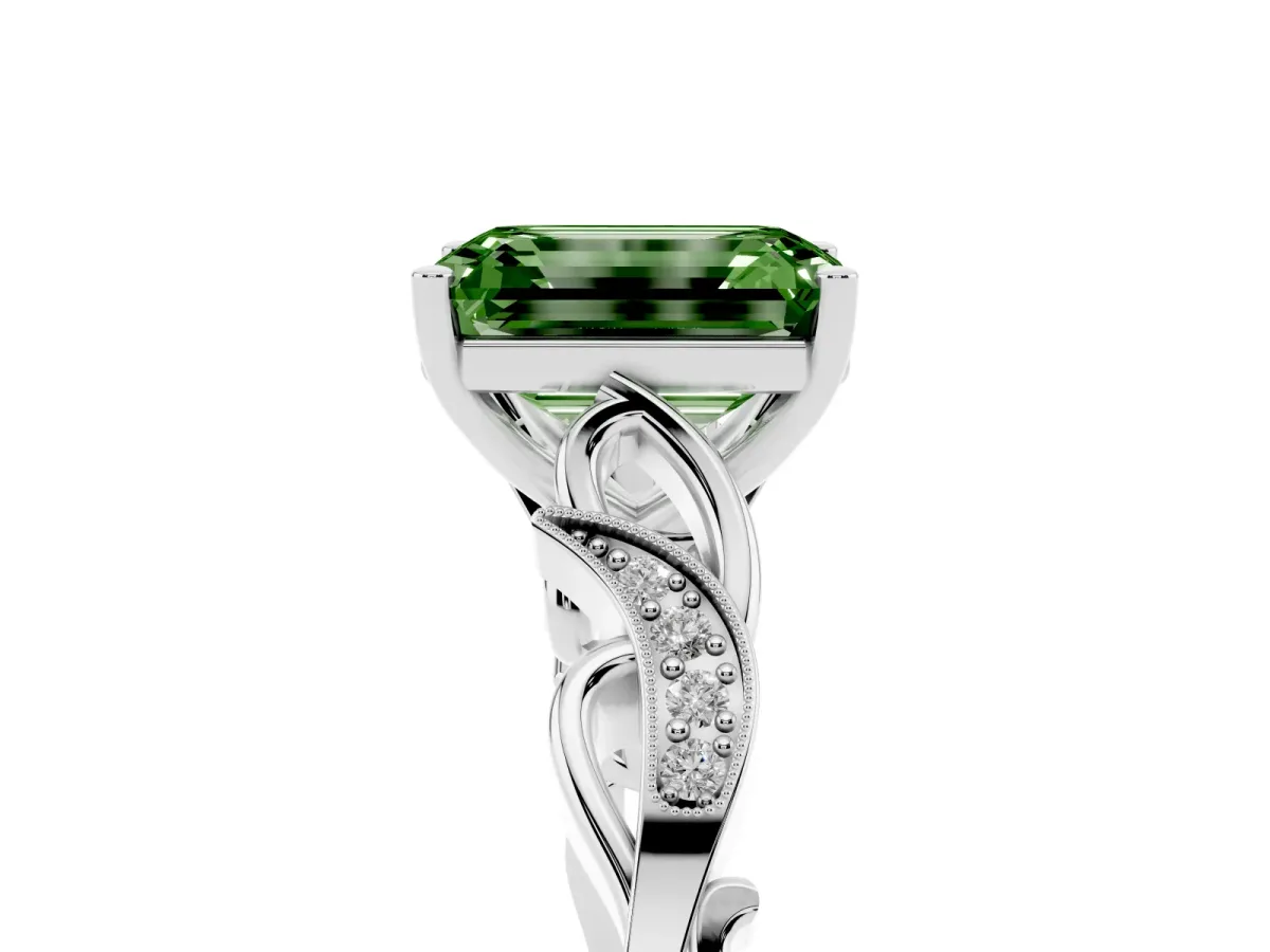 Fancy Green Emerald Cut Solitaire Vine Band with Milgrain Prong Setting Platinum
