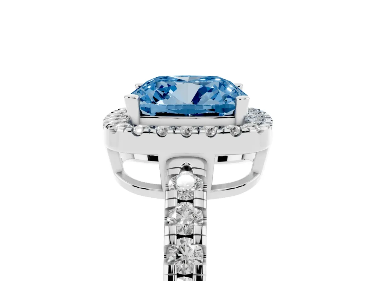 Fancy Blue Cushion Cut Diamond Halo Ring with Pavé Band and Four-Prong Setting White gold