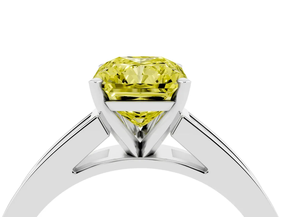 Fancy Yellow Radiant Cut Solitaire Diamond Ring with Channel-Set Band and Four-Prong Setting Silver