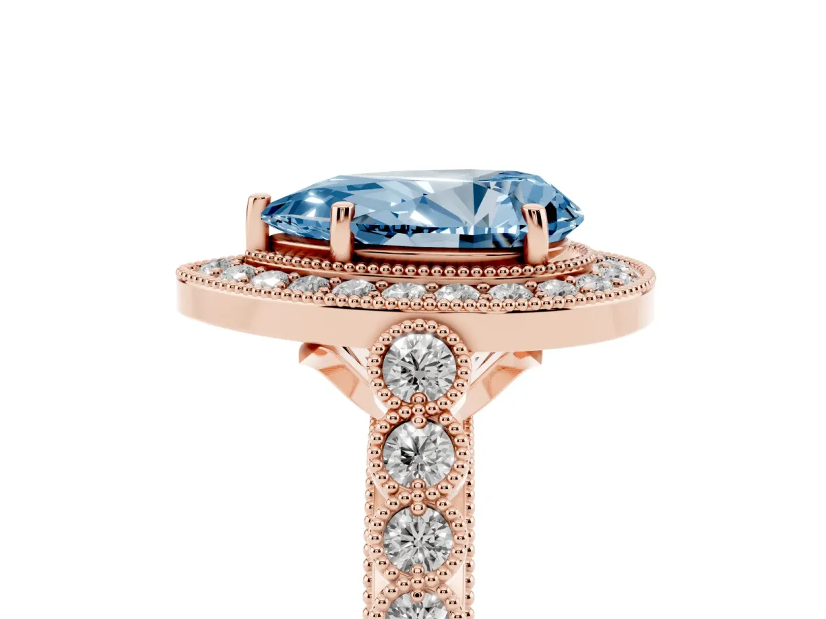 Fancy Blue Pear Cut Halo Twist Band Solitaire Ring with Six-Prong Setting Rose gold