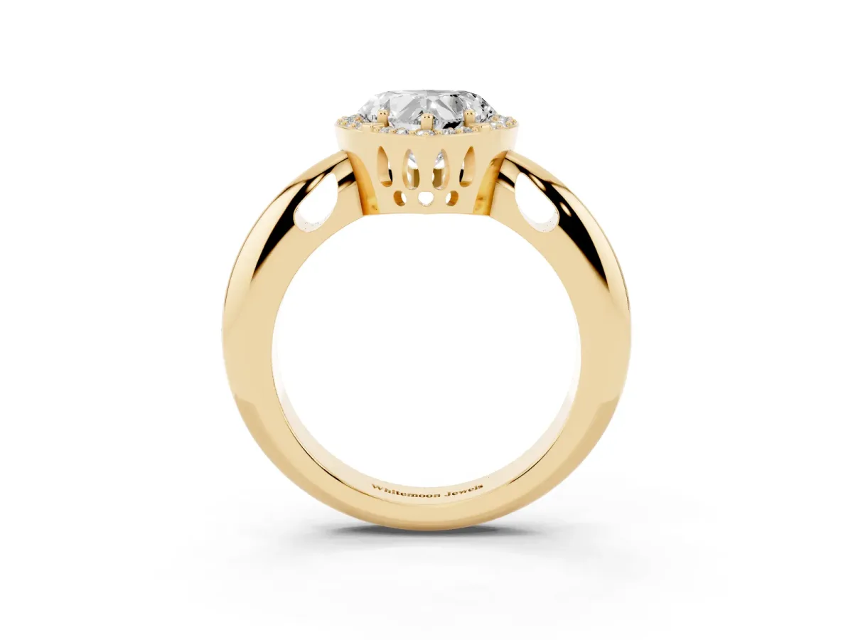 Heart Cut Cut Diamond Halo Engagement Ring with Split Shank and Four-Prong Setting Yellow gold