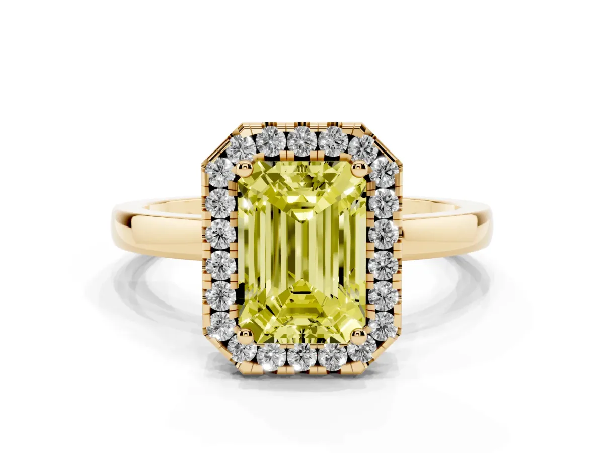 Fancy Yellow Emerald Cut Halo Diamond Solitaire with Pavé Band and Four-Prong Setting Yellow gold