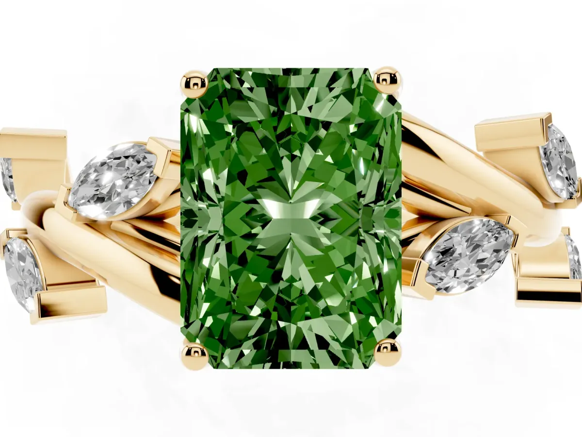 Fancy Green Radiant Cut Solitaire Twisted Band Marquise Accent Prong Setting Ring Yellow gold
