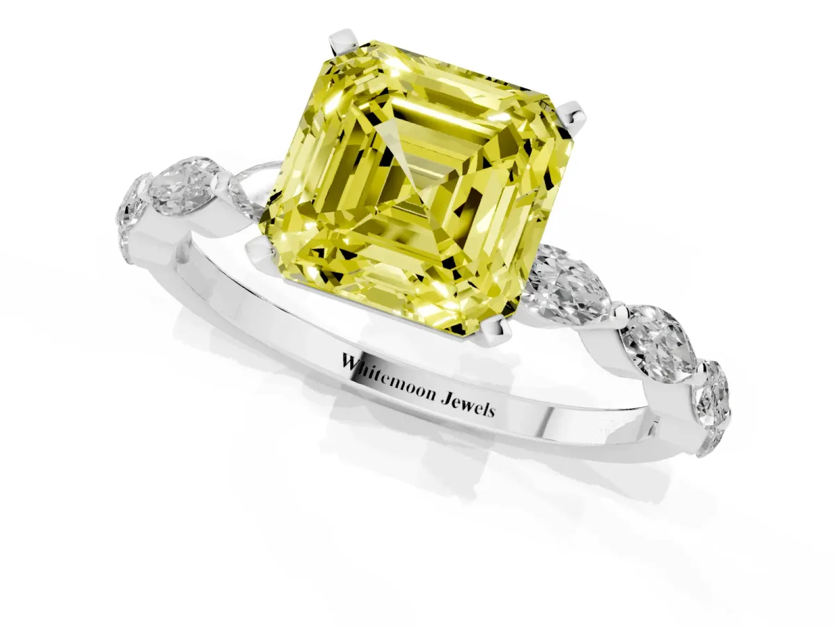 Fancy Yellow Asscher Cut Diamond Ring with Marquise Side Stones and Prong Setting Platinum