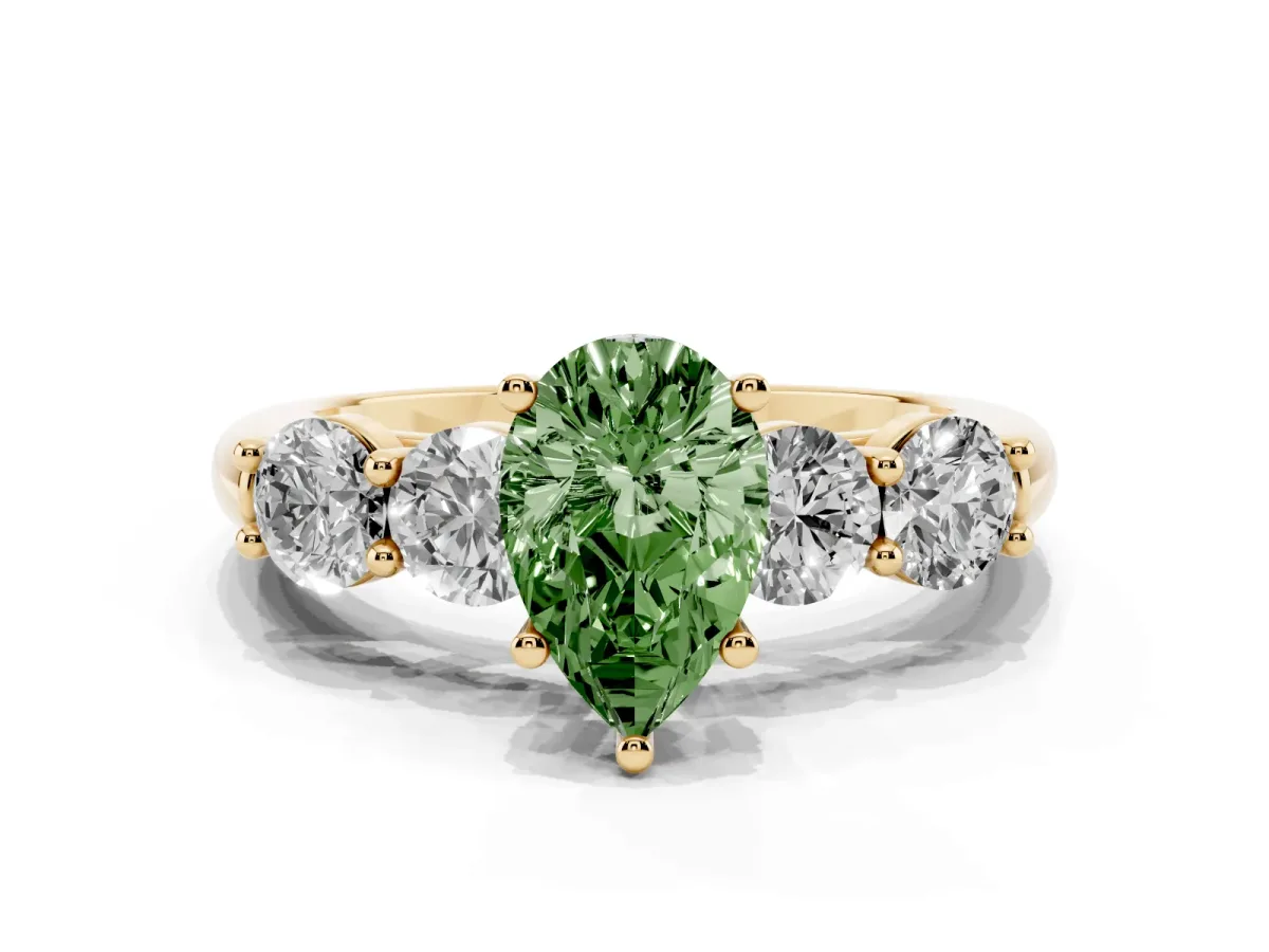 Fancy Green Pear Cut Cut Five-Stone Prong Set Diamond Ring with Classic Band Yellow gold