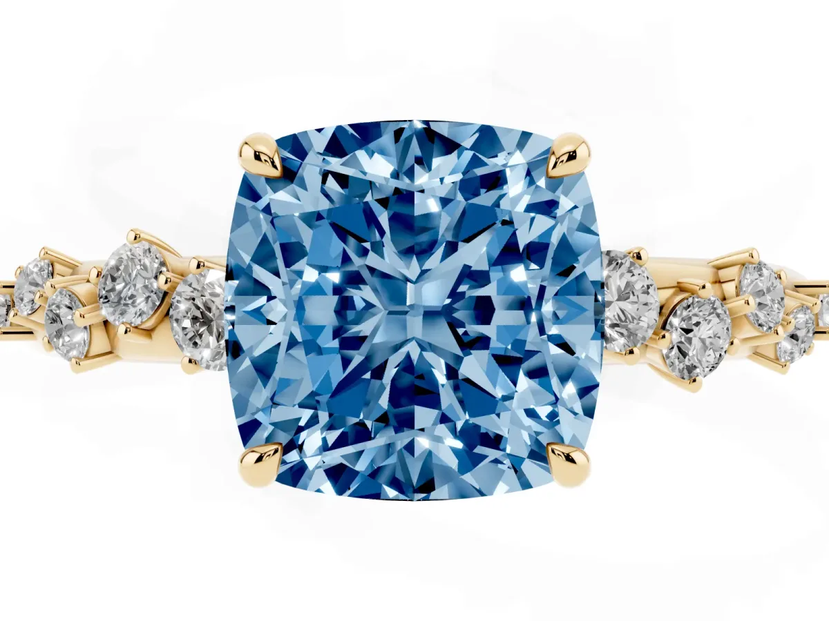 Fancy Blue Cushion Cut Diamond Cluster Prong-Set Solitaire Ring Yellow gold