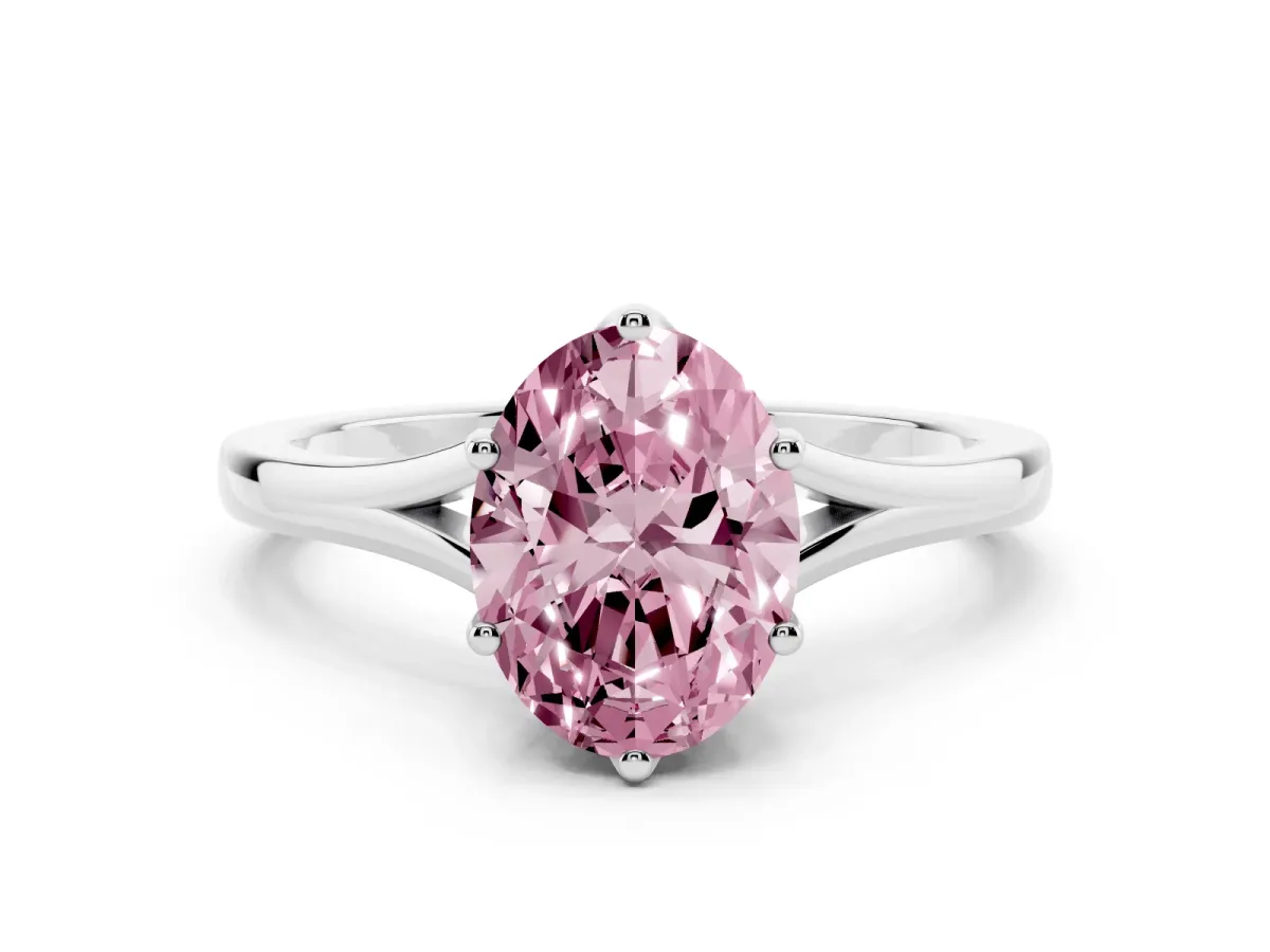 Fancy Pink Oval Cut Solitaire Diamond Ring with Six-Prong Setting and Tapered Band White gold