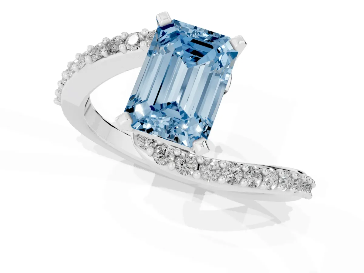 Fancy Blue Emerald Cut Solitaire Twist Band with Pave Set Diamonds and Four-Prong Setting Platinum