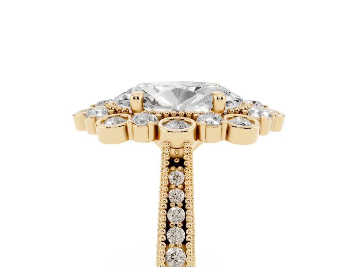Oval Cut Halo Milgrain Pave Diamond Ring with Four-Prong Setting Yellow gold