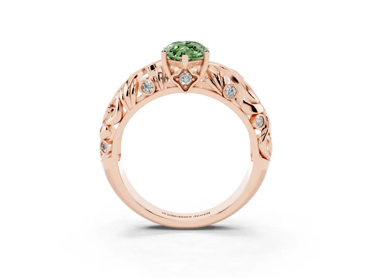 Fancy Green Marquise Cut Solitaire Diamond Leaf-Inspired Vine Band Ring with Prong Setting Rose gold