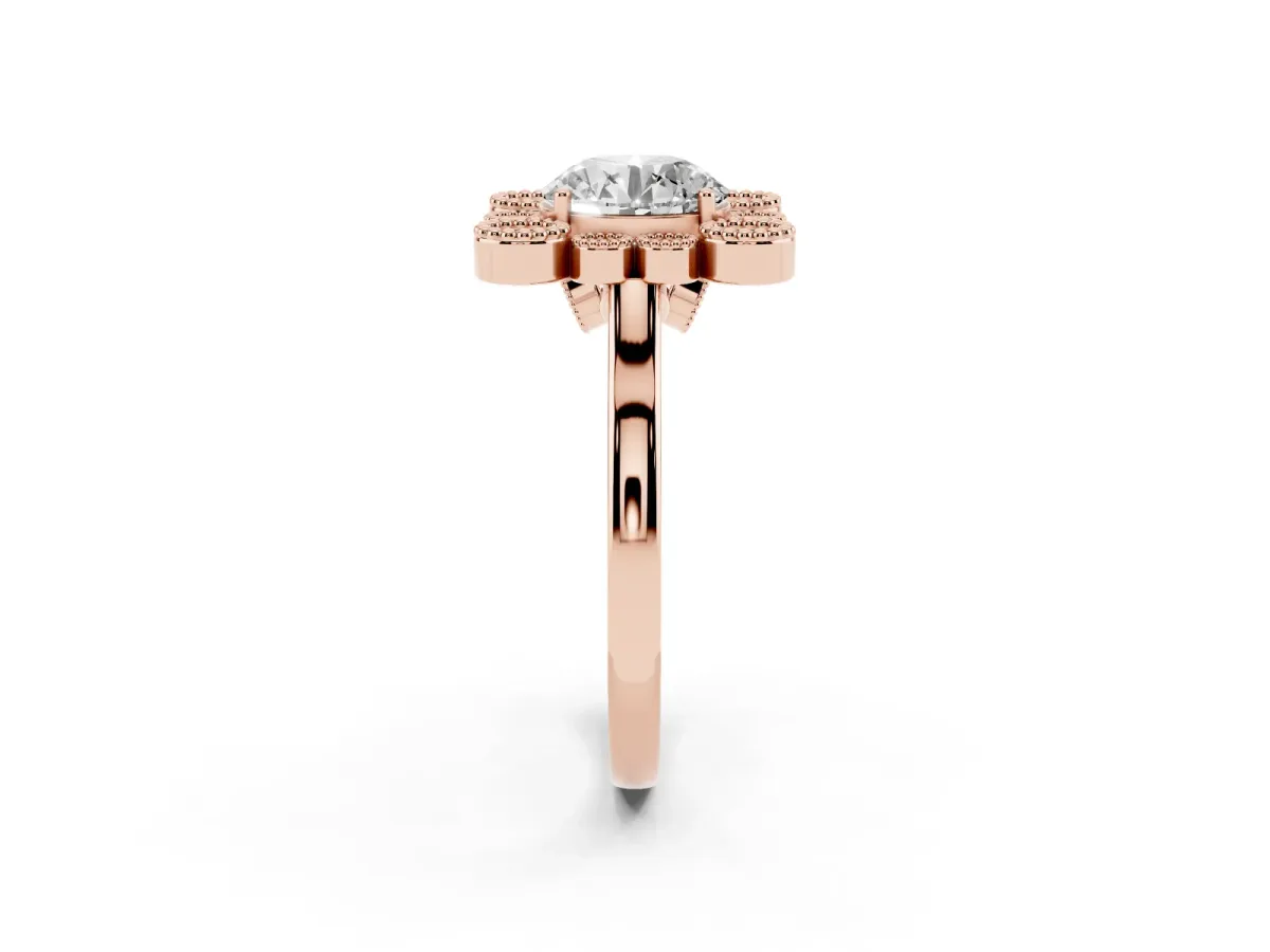 Round Cut Halo Diamond Cluster Engagement Ring with Milgrain Bezel Setting and Solitaire Band Rose gold