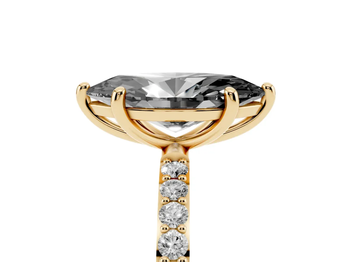 Fancy Black Marquise Cut Diamond Solitaire Ring with Round Pavé Band and Prong Setting Yellow gold