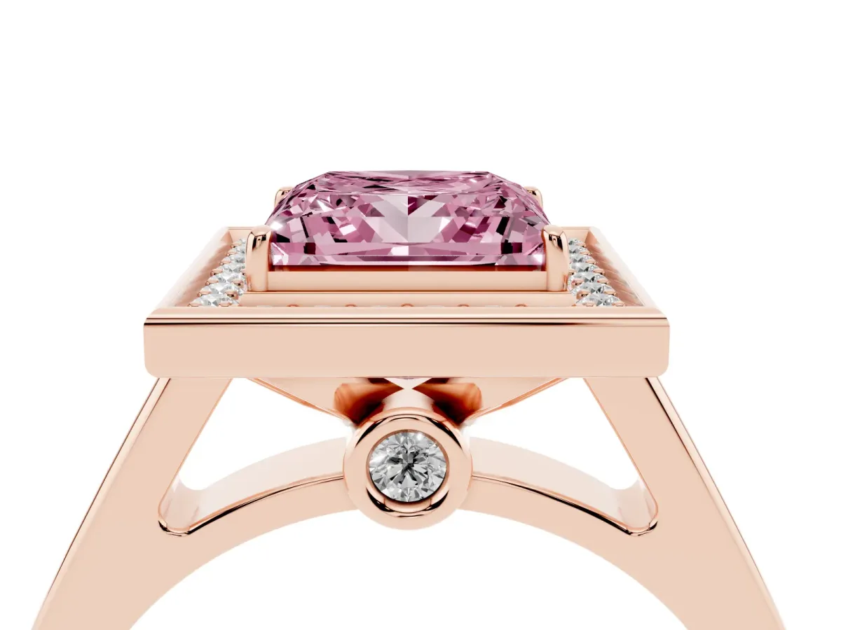 Fancy Pink Princess Cut Halo Solitaire Diamond Ring with Pave Band and Bezel Setting Rose gold