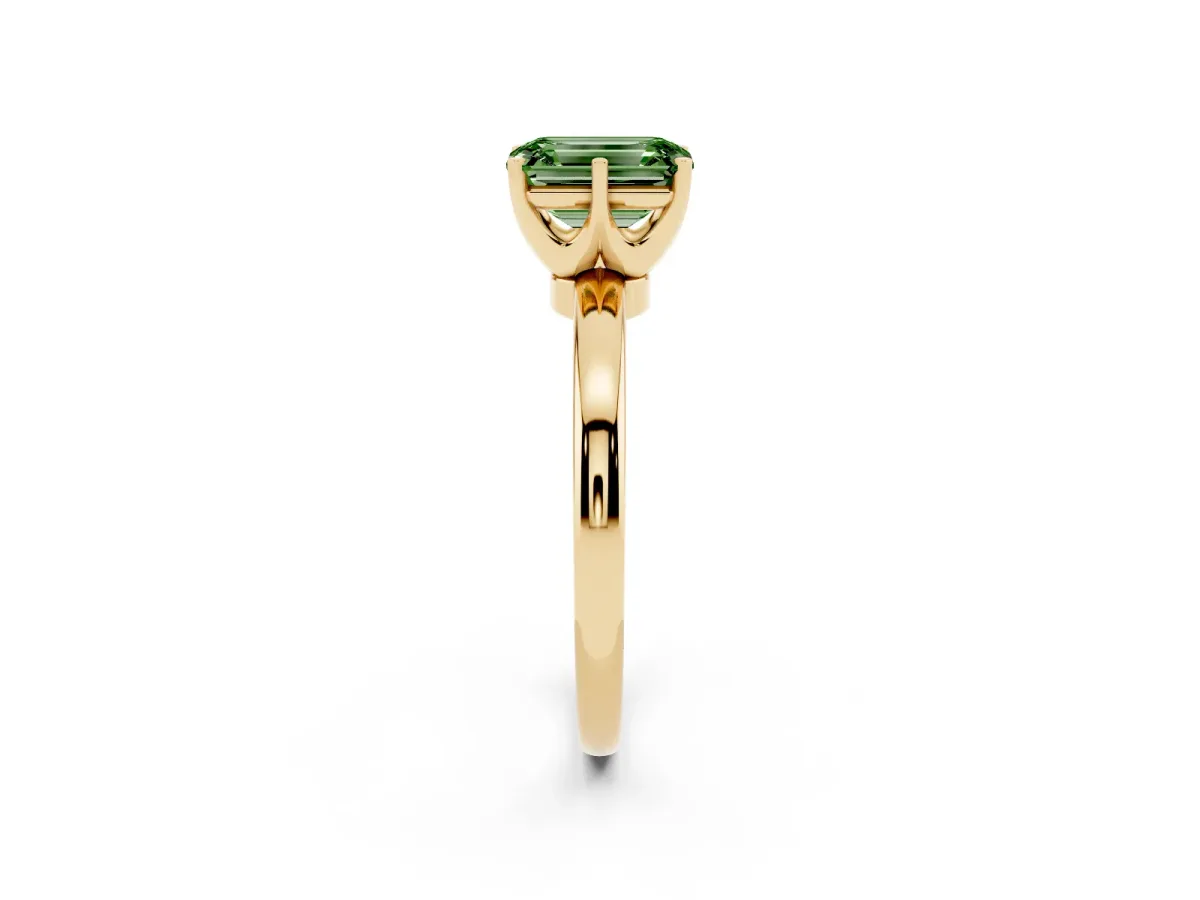 Fancy Green Emerald Cut Solitaire Diamond Ring with Six-Prong Setting on a Classic Band Yellow gold