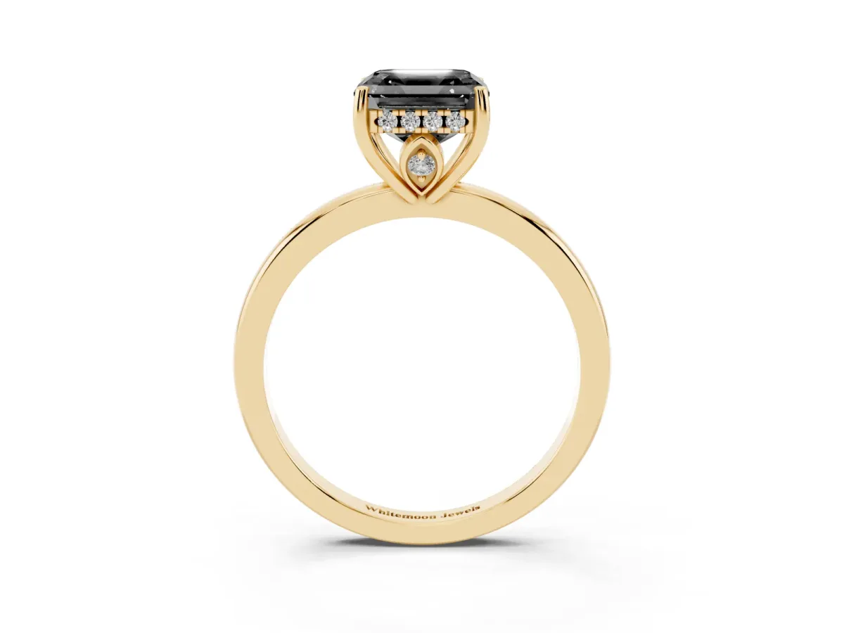 Fancy Black Asscher Cut Solitaire Diamond Ring with Prong Setting and Plain Band Yellow gold