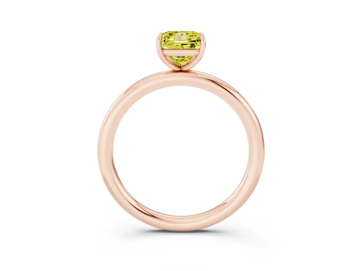 Fancy Yellow Princess Cut Solitaire Diamond Ring with Four-Prong Setting on a Plain Band Rose gold