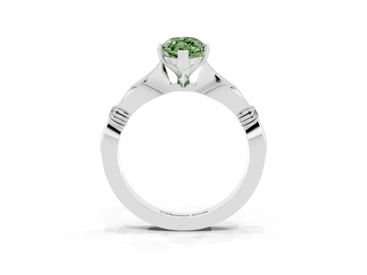 Fancy Green Marquise Cut Solitaire Diamond Twisted Band with Four-Prong Setting Silver