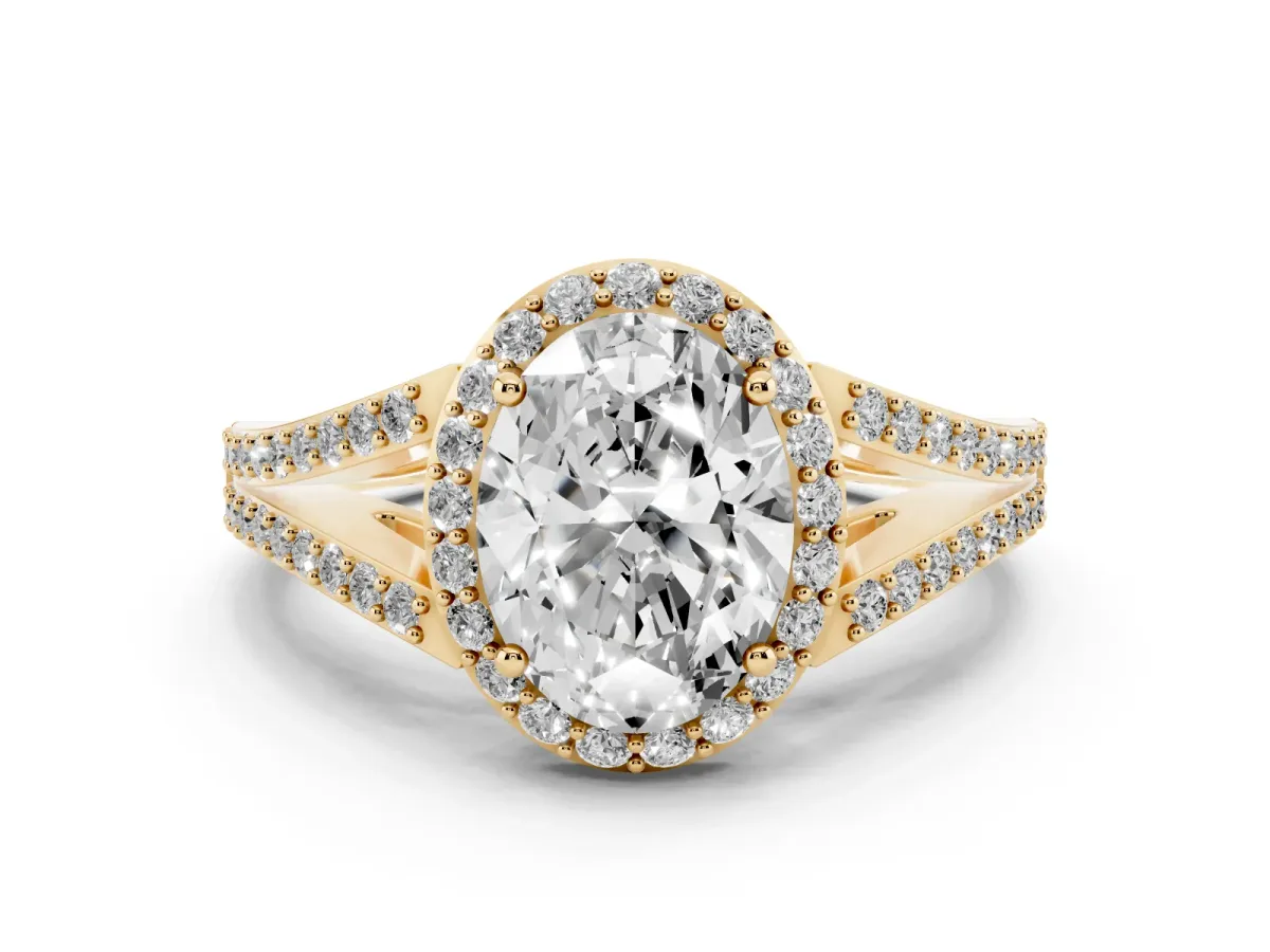 Oval Cut Halo Split Shank Pave Diamond Ring with Four-Prong Setting Yellow gold