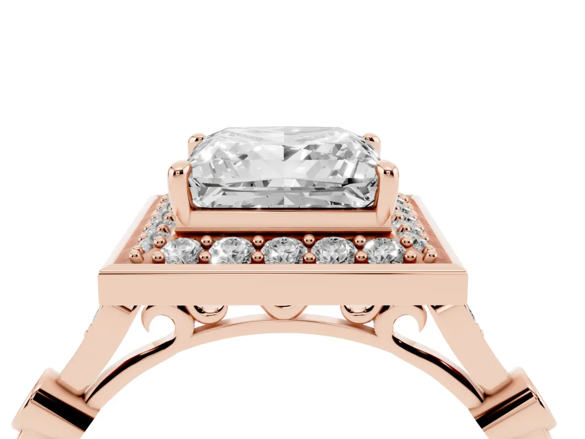 Princess Cut Halo Diamond Engagement Ring with Twisted Band and Four-Prong Setting Rose gold