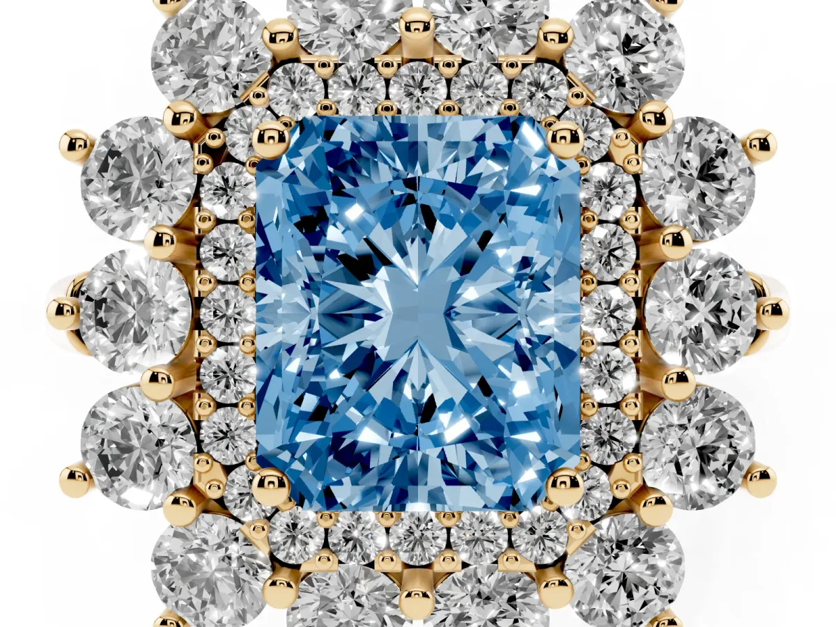 Fancy Blue Radiant Cut Diamond Floral Double Halo Engagement Ring with Prong Setting Yellow gold