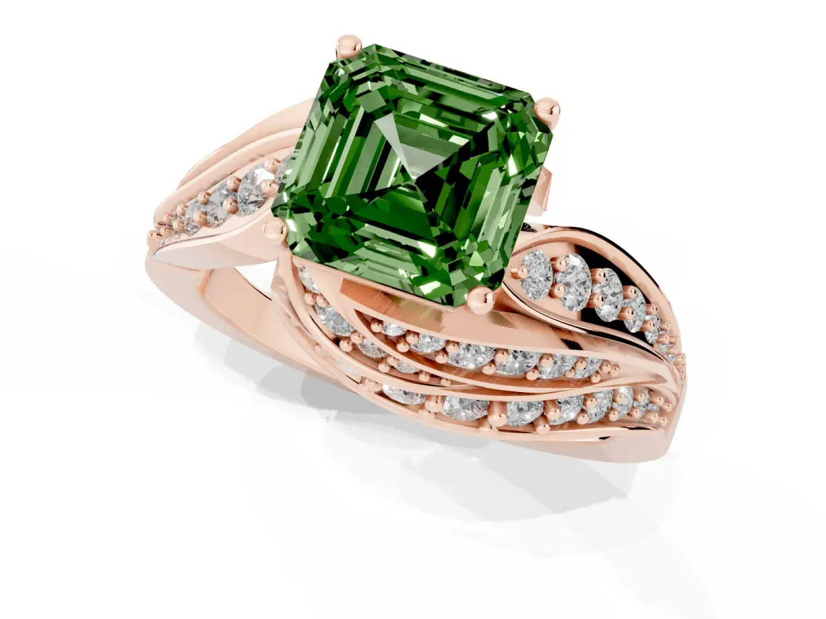 Fancy Green Asscher Cut Diamond Solitaire Ring with Prong Setting and Twisted Pavé Band Rose gold