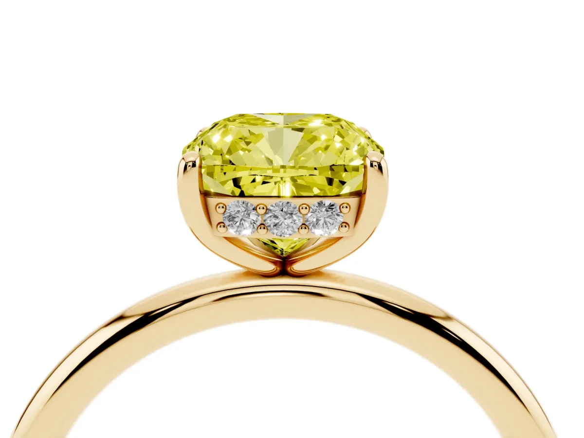 Fancy Yellow Cushion Cut Solitaire Diamond Ring with a Classic Band and Four-Prong Setting Yellow gold
