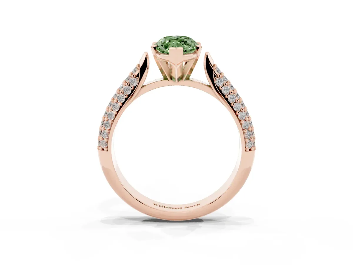 Fancy Green Marquise Cut Diamond Solitaire Engagement Ring with Multi-Row Round Pavé Band and Prong Setting Rose gold