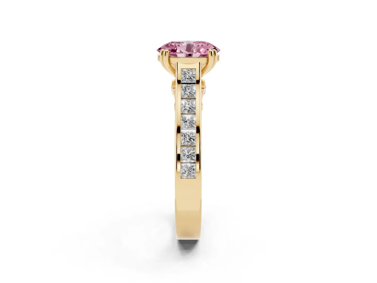 Fancy Pink Oval Cut Cut Channel Set Solitaire Engagement Ring with Prong Setting Yellow gold