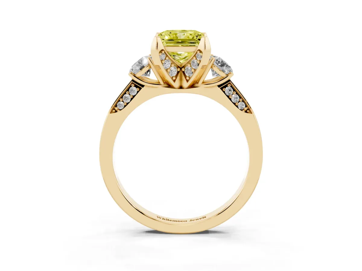 Fancy Yellow Princess Cut Brilliant Three-Stone Diamond Ring with Pavé Band and Four-Prong Setting Yellow gold