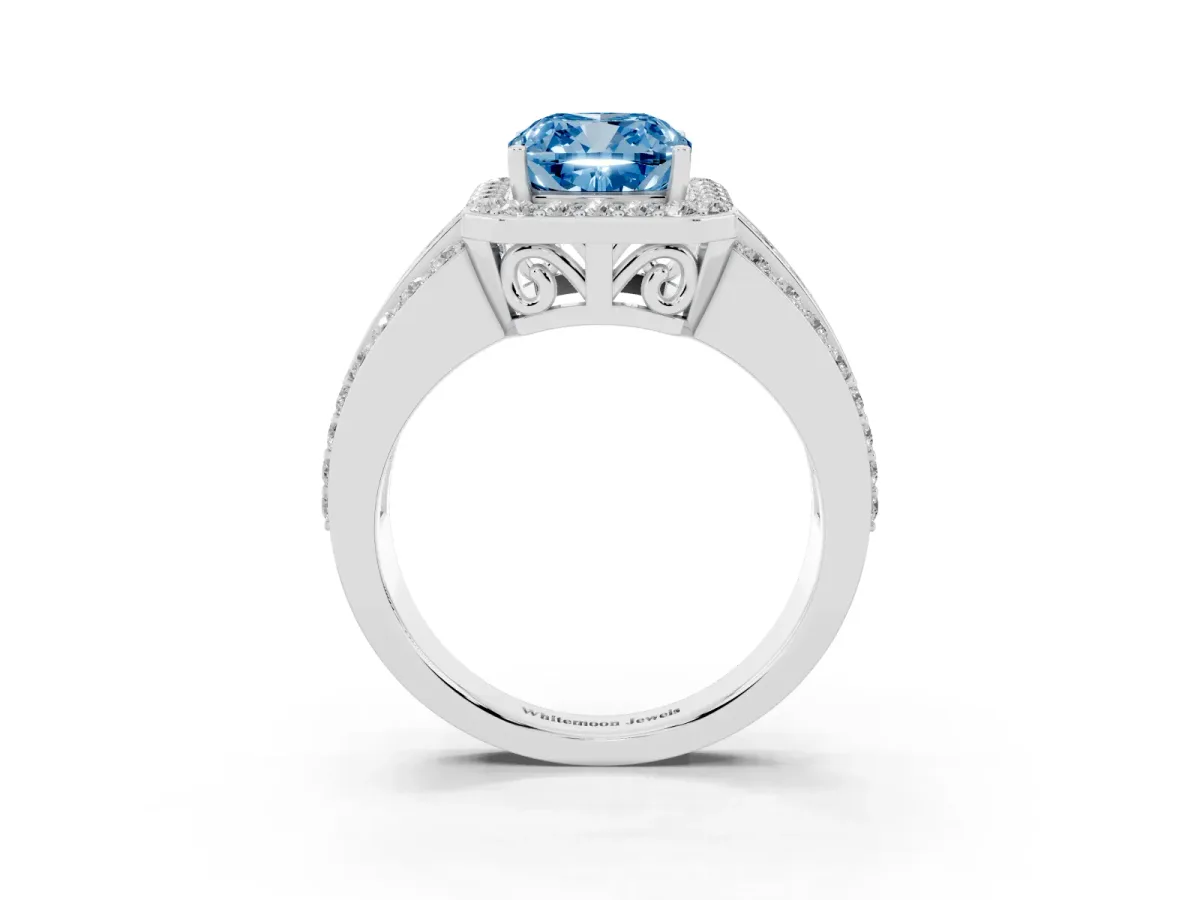 Fancy Blue Cushion Cut Halo Diamond Ring with Round Split Shank and Prong Setting Platinum