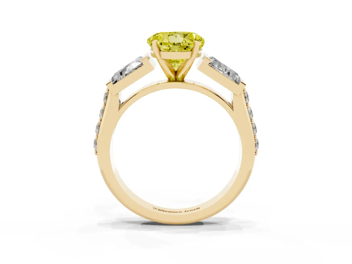 Fancy Yellow Round Cut Diamond Engagement Ring with Baguette Side Stones and Channel Set Band Yellow gold