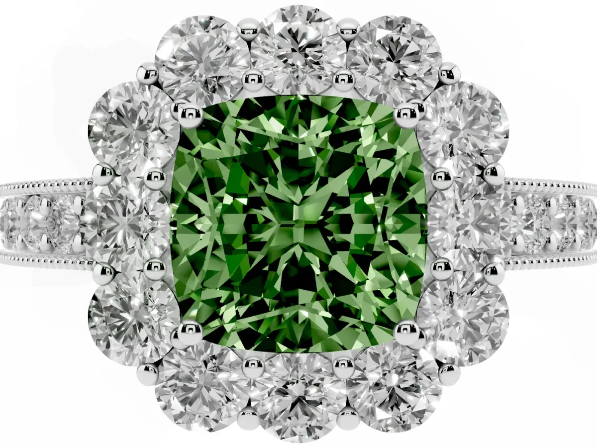 Fancy Green Cushion Cut Cut Halo Diamond Pavé Engagement Ring with Milgrain Detailing Silver