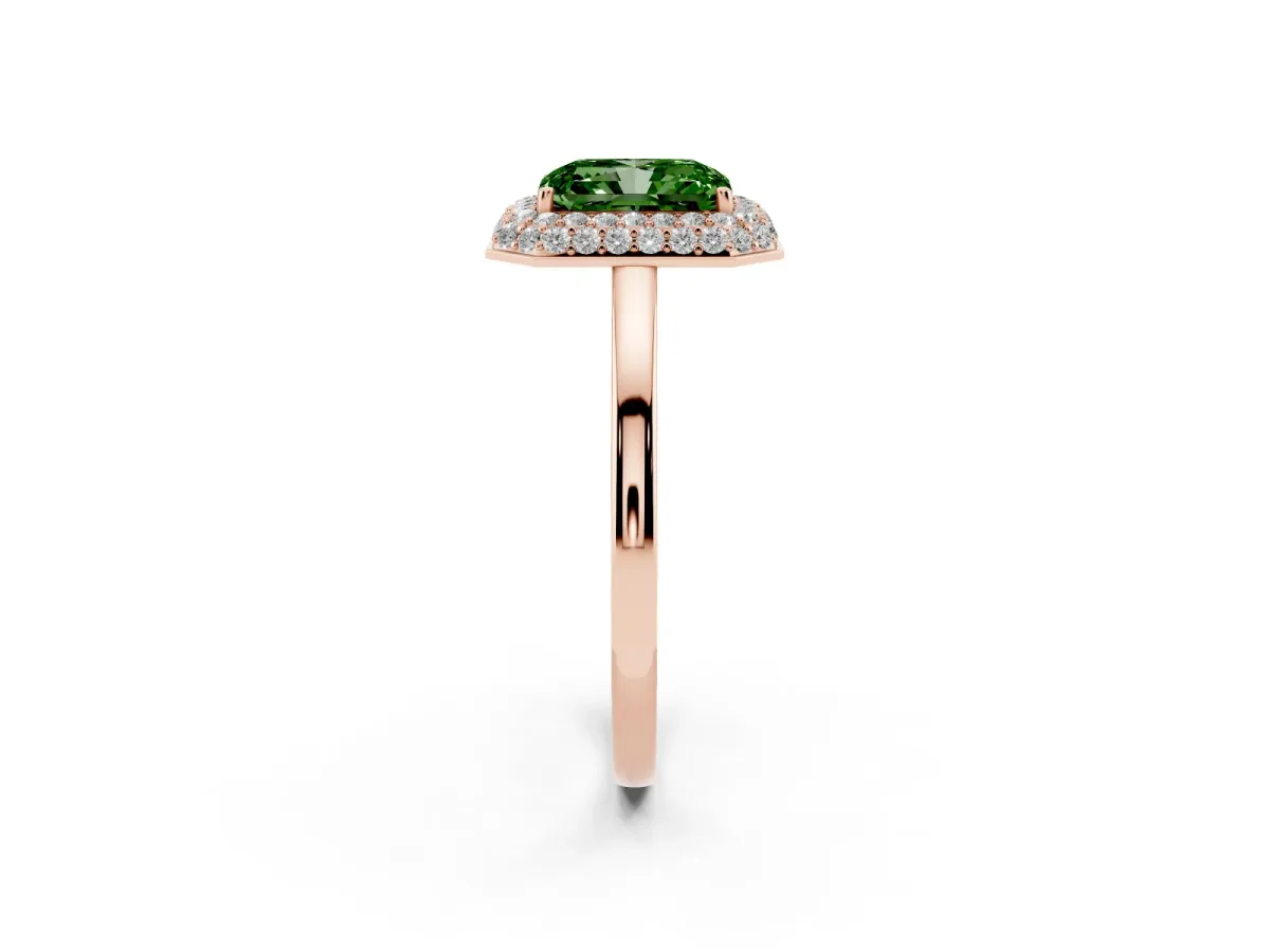Fancy Green Radiant Cut Halo Diamond Engagement Ring with Solitaire Band and Four-Prong Setting Rose gold