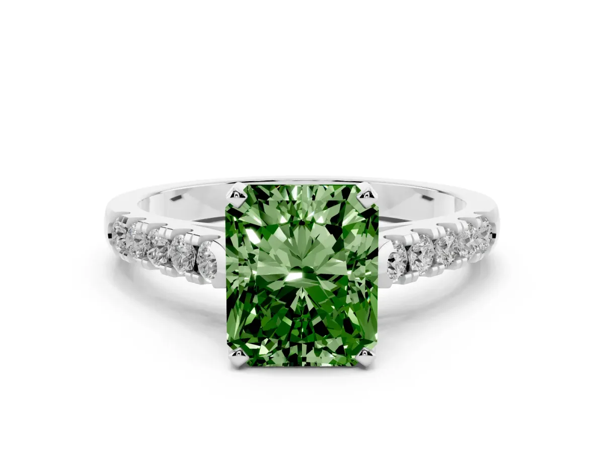 Fancy Green Radiant Cut Diamond Pavé Band Solitaire Ring with Prong Setting Silver
