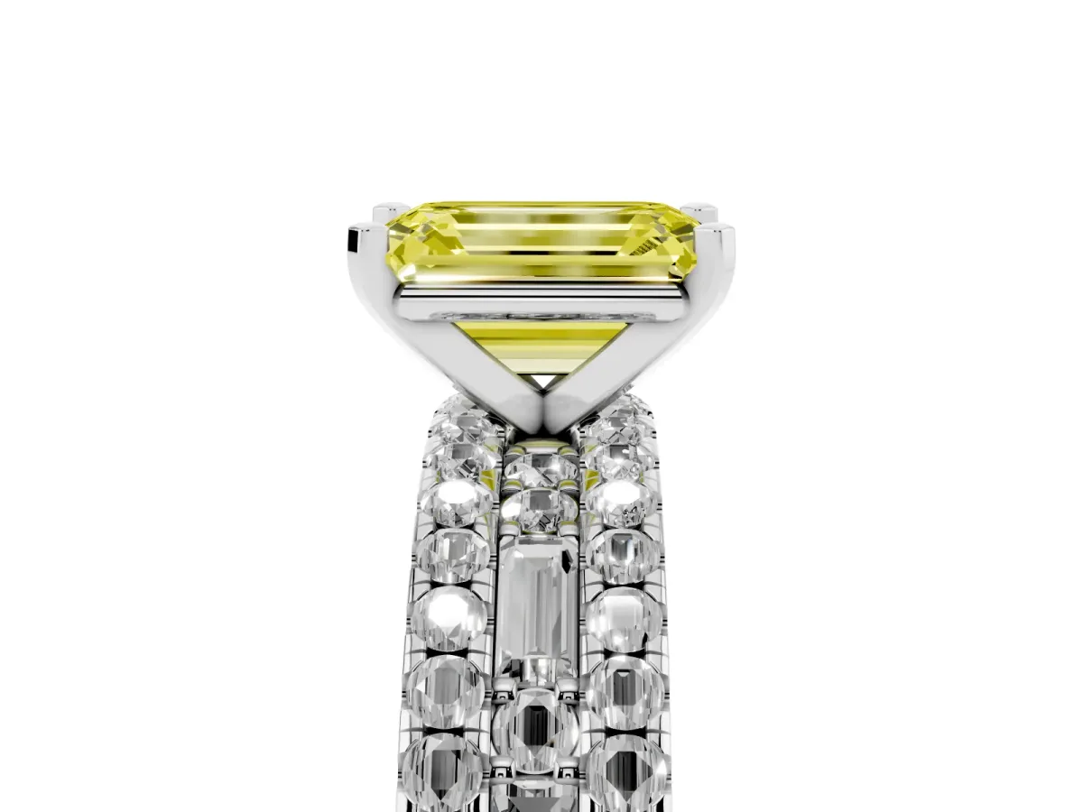 Fancy Yellow Emerald Cut Diamond Solitaire Ring with Pavé and Channel Set Band Silver