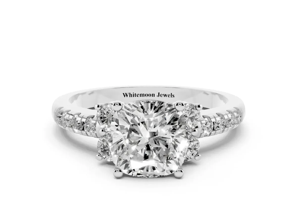 Cushion Cut Diamond Three-Stone Pave Band with Four-Prong Setting Silver