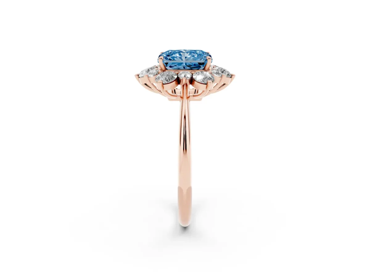 Fancy Blue Radiant Cut Diamond Cluster Halo Ring with Solitaire Band and Four-Prong Setting Rose gold
