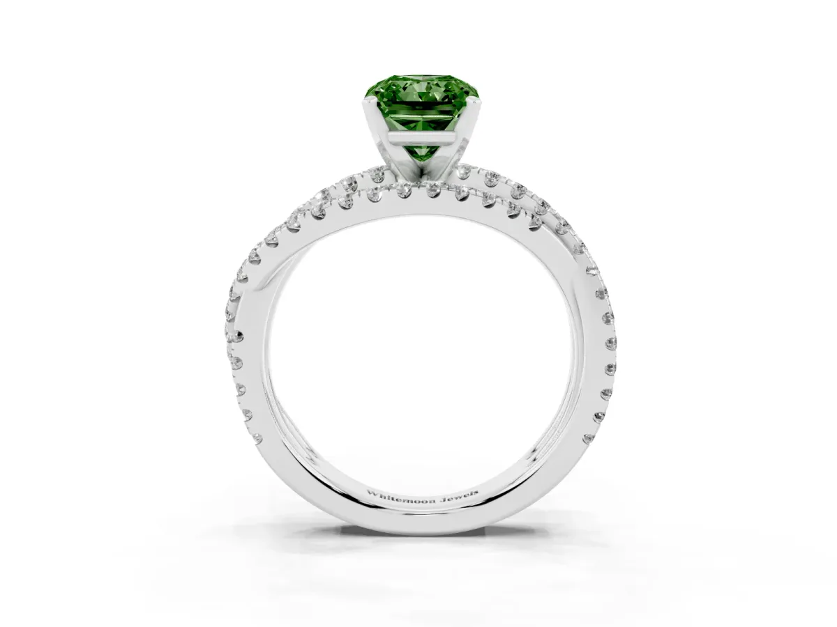 Fancy Green Radiant Cut Solitaire Twist Band with Pavé Setting and Four-Prong Setting Silver