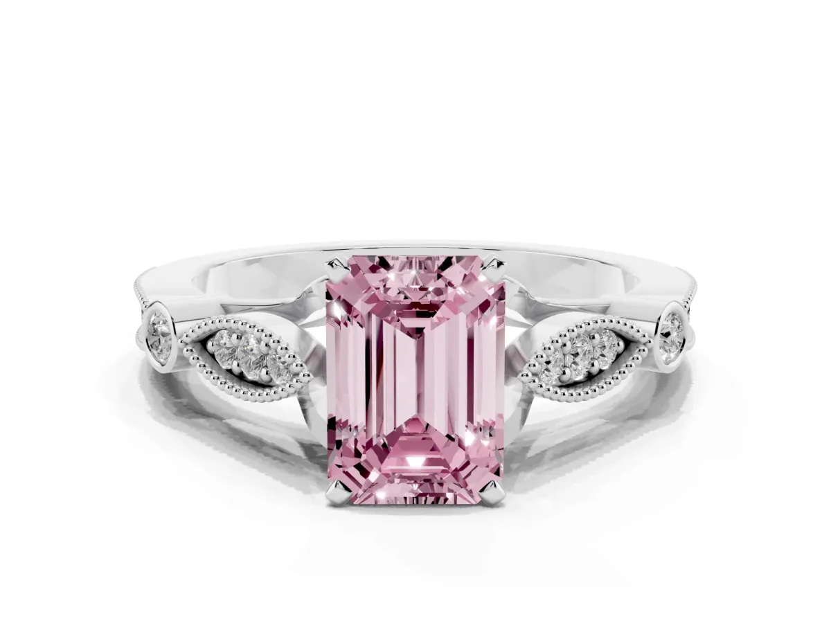 Fancy Pink Emerald Cut Cut Diamond with Milgrain Marquise and Bezel Accents on a Solitaire Band with Prong Setting Silver