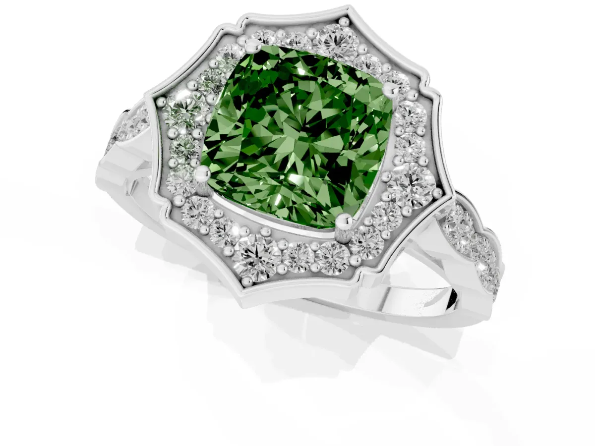 Fancy Green Cushion Cut Halo Diamond Engagement Ring with Milgrain Band and Four-Prong Setting Platinum