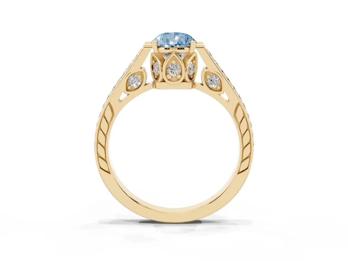 Fancy Blue Pear Cut Cut Cathedral Pave Diamond Engagement Ring with Six-Prong Setting Yellow gold
