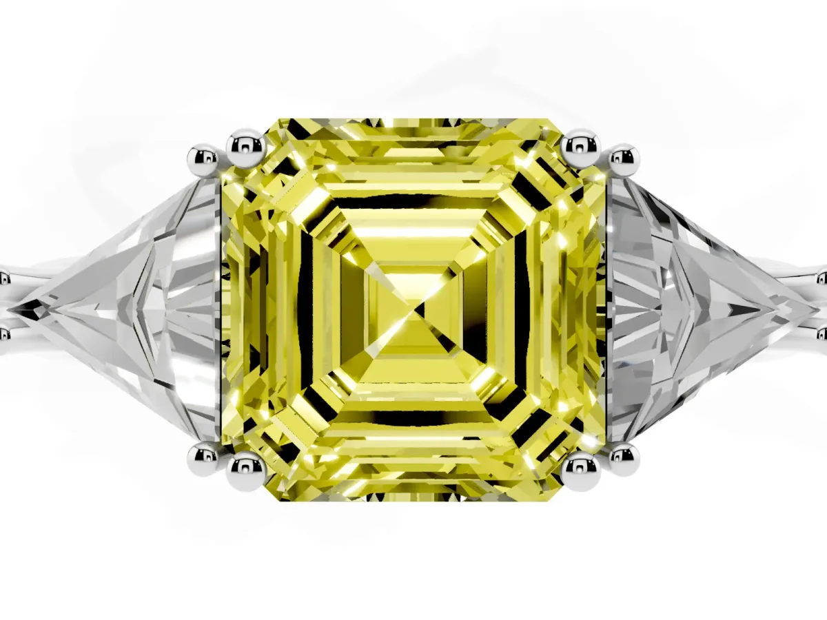 Fancy Yellow Three-Stone Asscher Cut Diamond Engagement Ring with Trillion Side Stones and Prong Setting Silver