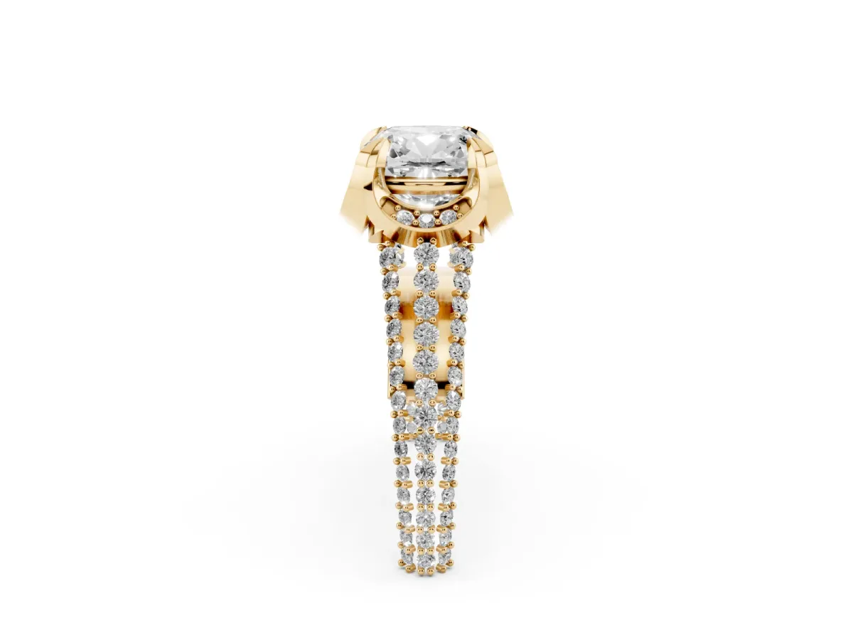 Cushion Cut Solitaire Pave Split Shank Ring with Four-Prong Setting Yellow gold
