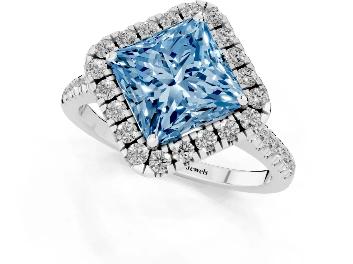 Fancy Blue Princess Cut Diamond Cushion Halo Ring with Pavé Band Silver