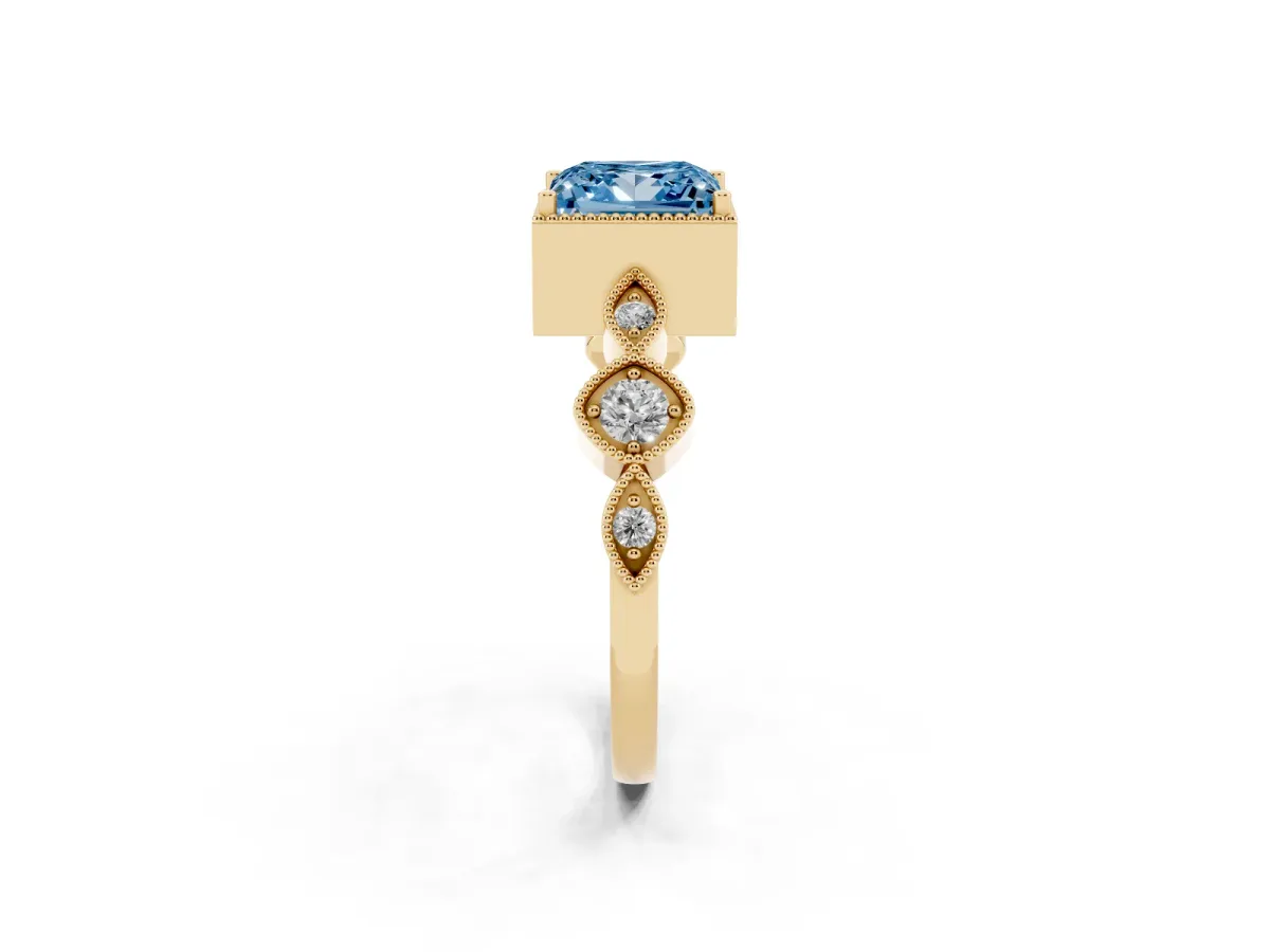 Fancy Blue Princess Cut Diamond Vintage Milgrain Ring with Round Stations Yellow gold