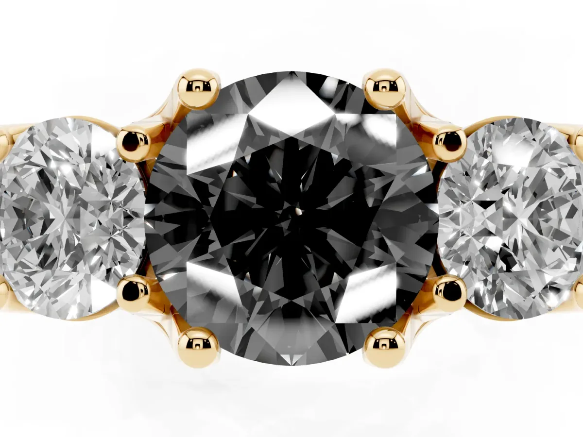 Fancy Black Round Cut Diamond Three-Stone Ring with Channel Set Band and Four-Prong Setting Yellow gold