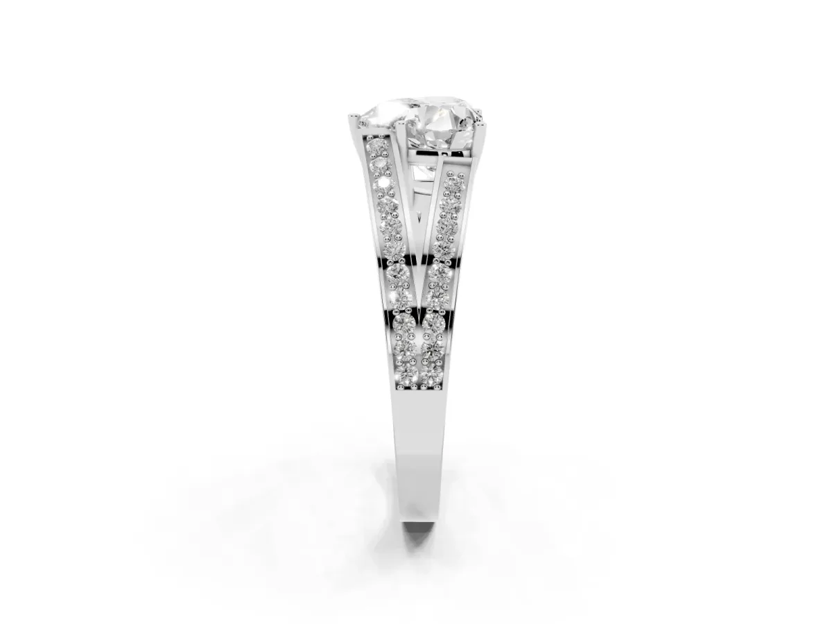 Heart Cut Diamond Split Shank Ring with Pavé Band and Four-Prong Setting Silver