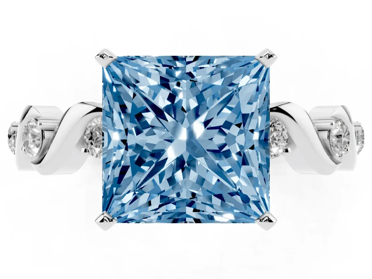 Fancy Blue Princess Cut Diamond Solitaire Twisted Band with Round Accents and Prong Setting White gold