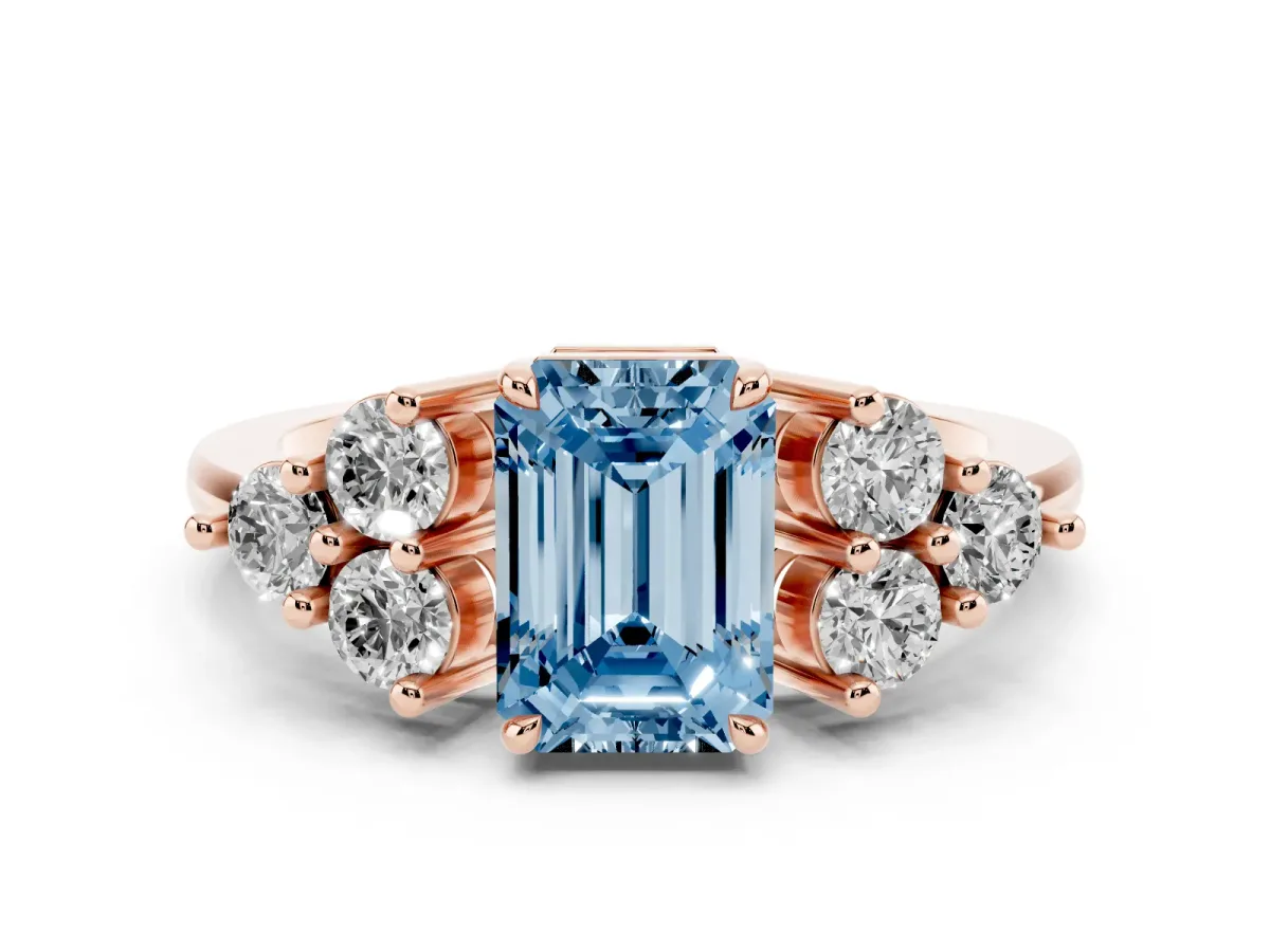 Fancy Blue Emerald Cut Brilliant Diamond Cluster Accent Solitaire Ring with Prong Setting Rose gold